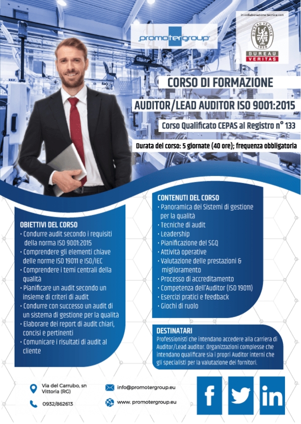 CORSO DI FORMAZIONE AUDITOR/LEAD AUDITOR ISO 9001:2015