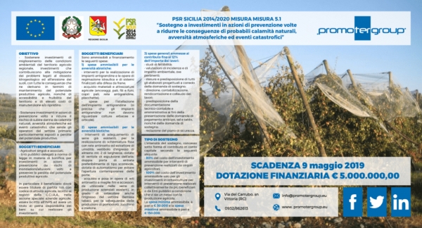 PSR SICILIA 2014-2020: BANDO MISURA 5.1 - PREVENZIONE CALAMITÁ NATURALI IN AGRICOLTURA